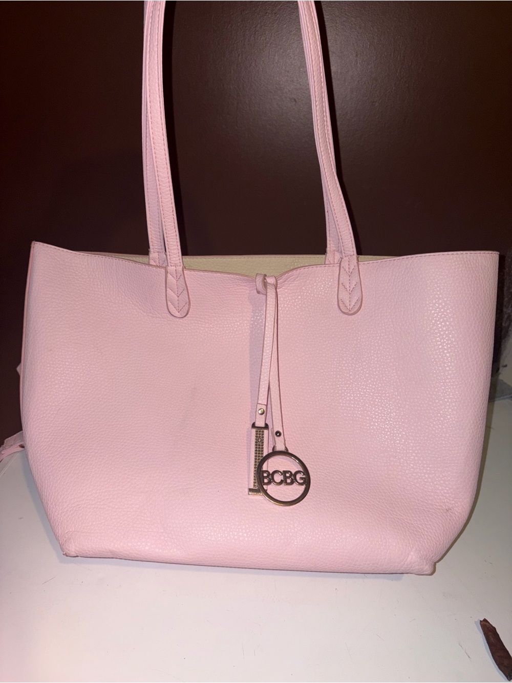 BCBG Double Light Pink Pebbled Leather Tote with Logo Charm with Extra Crossbody